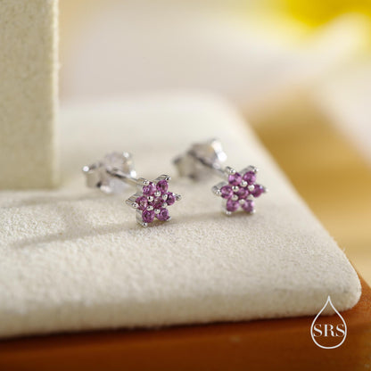 Pair of Very Tiny Ruby Pink CZ Flower Stud Earrings in Sterling Silver, Silver or Gold, Crystal Flower Earrings, Stacking Earrings, Ruby Red