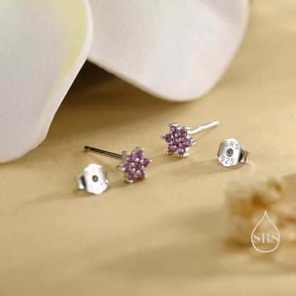Pair of Very Tiny Ruby Pink CZ Flower Stud Earrings in Sterling Silver, Silver or Gold, Crystal Flower Earrings, Stacking Earrings, Ruby Red