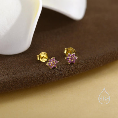 Pair of Very Tiny Ruby Pink CZ Flower Stud Earrings in Sterling Silver, Silver or Gold, Crystal Flower Earrings, Stacking Earrings, Ruby Red