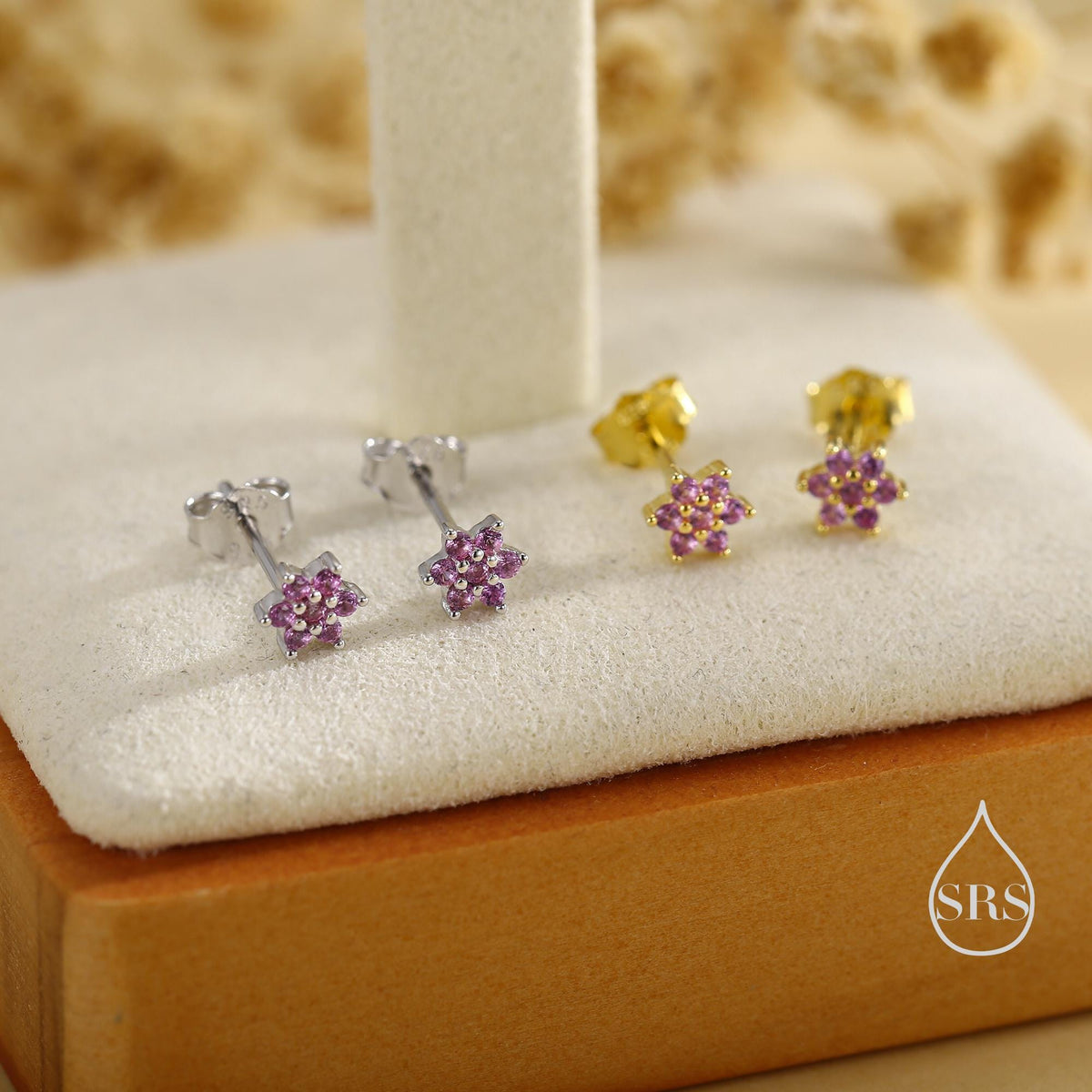 Pair of Very Tiny Ruby Pink CZ Flower Stud Earrings in Sterling Silver, Silver or Gold, Crystal Flower Earrings, Stacking Earrings, Ruby Red