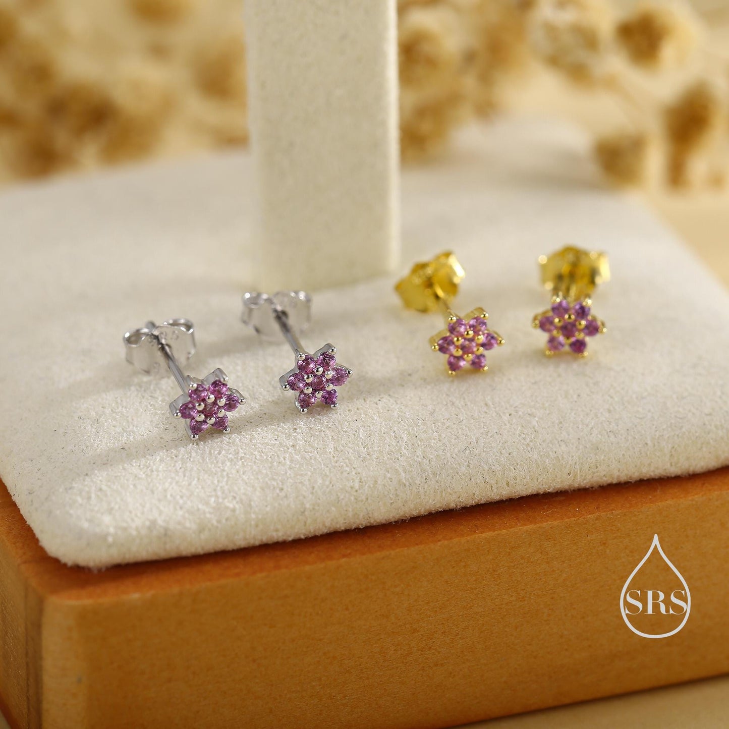 Pair of Very Tiny Ruby Pink CZ Flower Stud Earrings in Sterling Silver, Silver or Gold, Crystal Flower Earrings, Stacking Earrings, Ruby Red