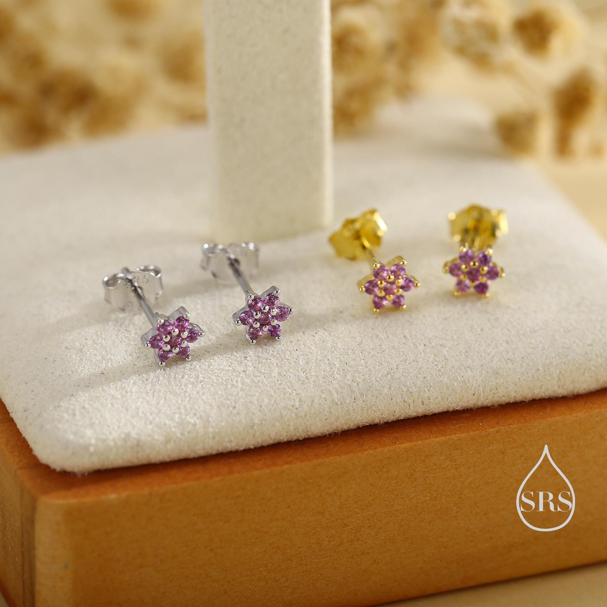 Pair of Very Tiny Ruby Pink CZ Flower Stud Earrings in Sterling Silver, Silver or Gold, Crystal Flower Earrings, Stacking Earrings, Ruby Red