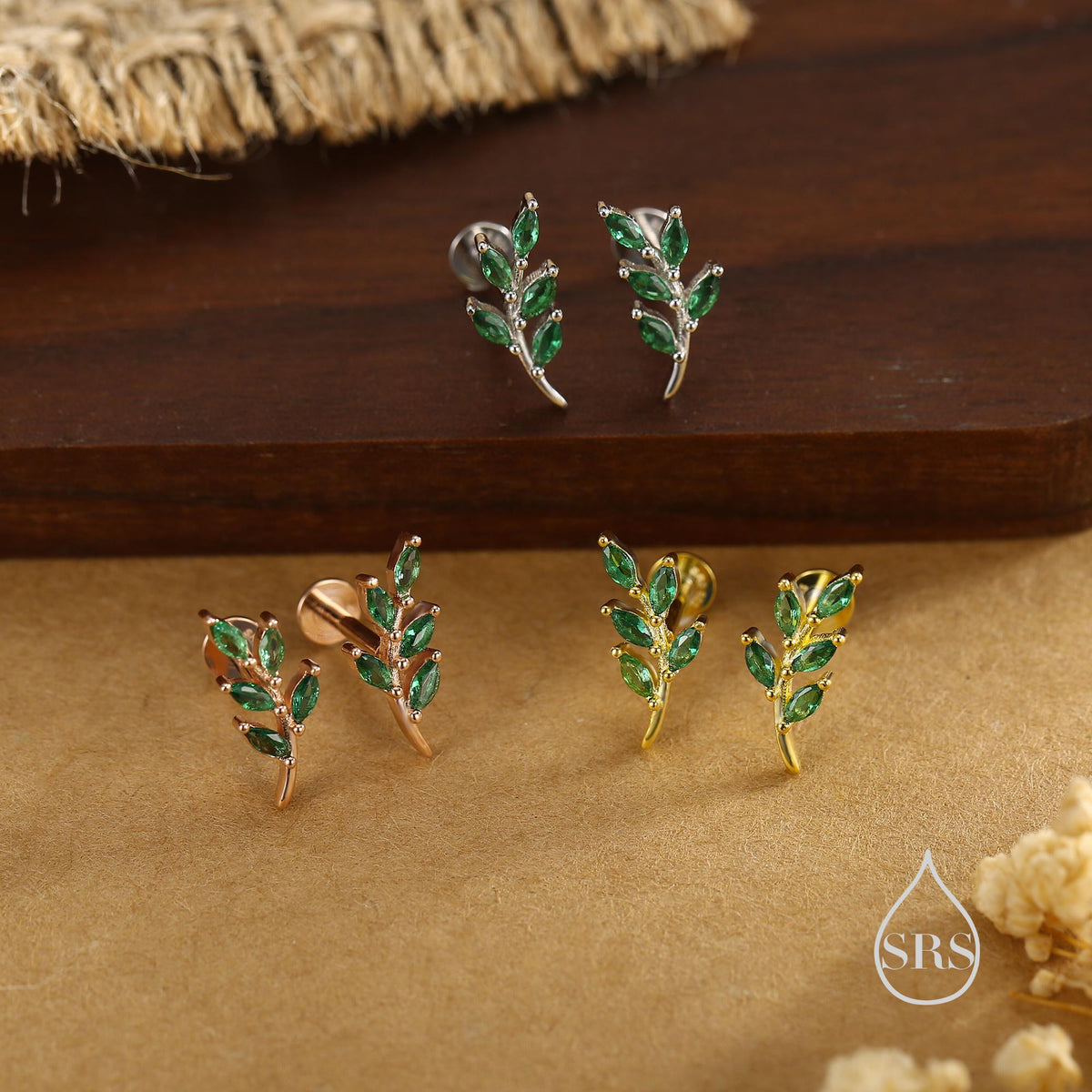 Emerald Green Leaf 16G Internally Threaded Flat Back Earrings in Sterling Silver