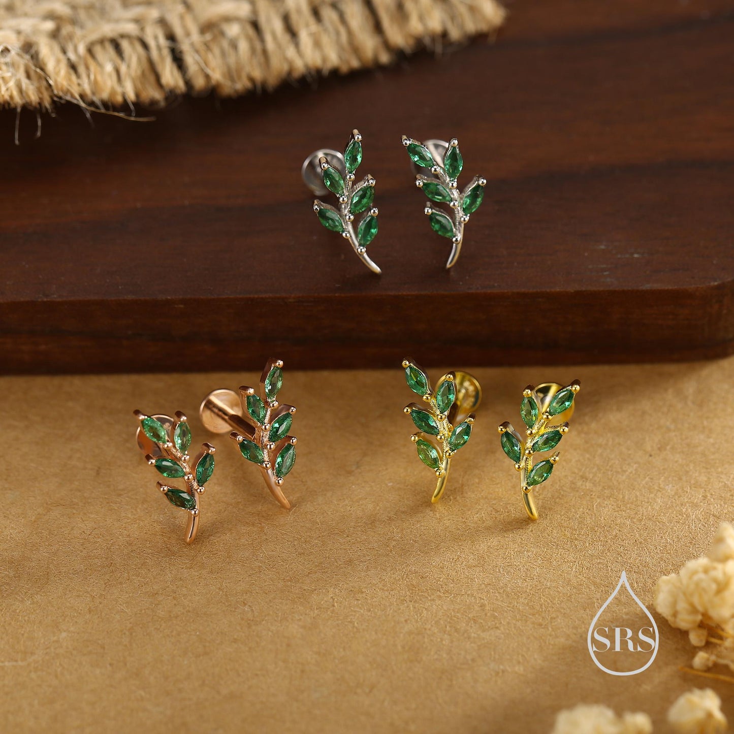 Emerald Green Leaf Internally Threaded Flat Back / Screw Back / Stud Earrings in Sterling Silver, Silver or Gold, Olive Leaf Branch Earrings