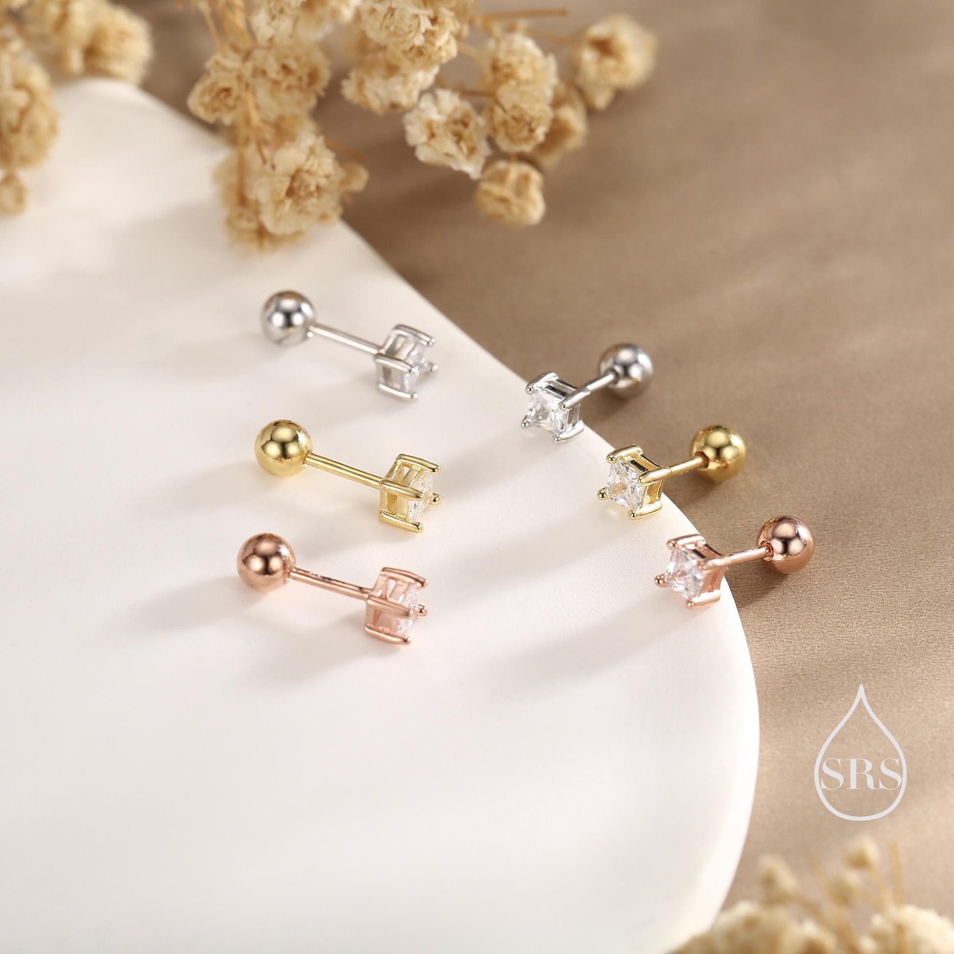 Tiny Square CZ Internally Threaded Flat Back / Screw Back / Stud Earrings in Sterling Silver, Silver or Gold or Rose Gold, Piercing