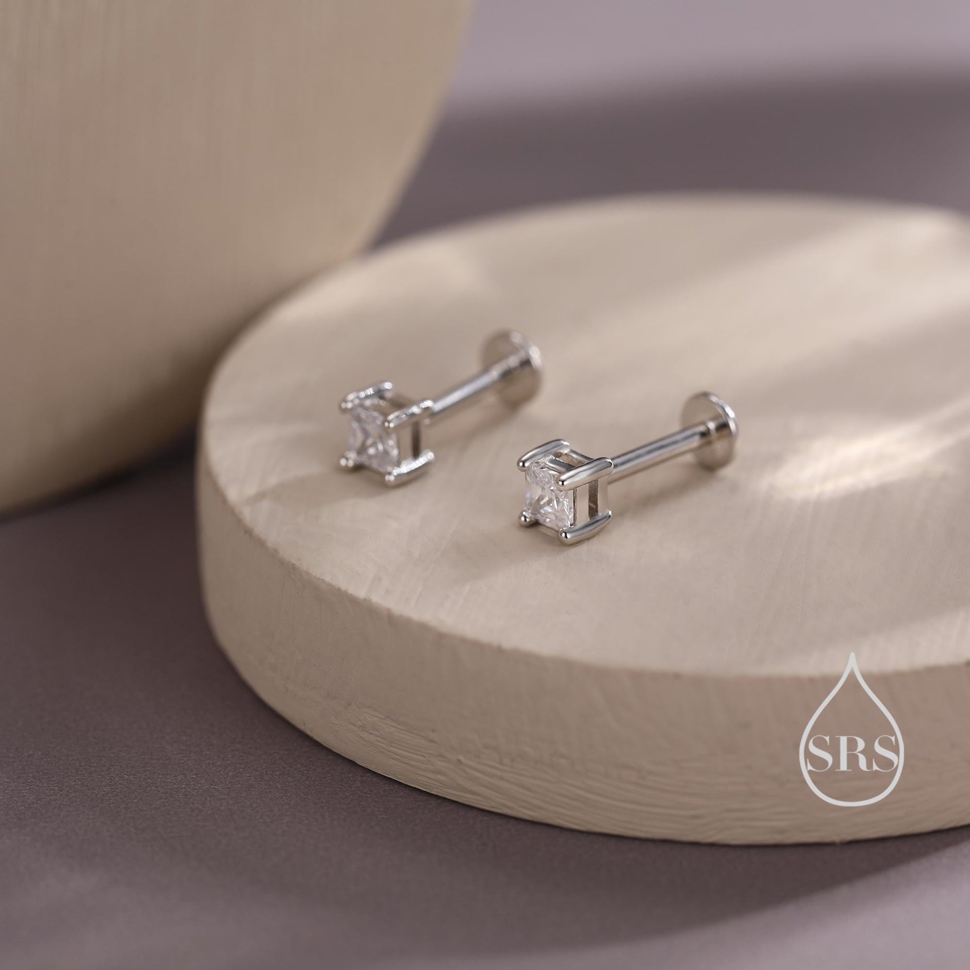 Tiny Square CZ Internally Threaded Flat Back / Screw Back / Stud Earrings in Sterling Silver, Silver or Gold or Rose Gold, Piercing