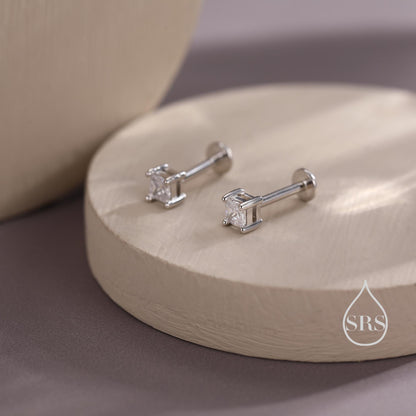 Tiny Square CZ Internally Threaded Flat Back / Screw Back / Stud Earrings in Sterling Silver, Silver or Gold or Rose Gold, Piercing