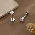 Tiny Square CZ 16G Internally Threaded Flat Back Earrings in Sterling Silver