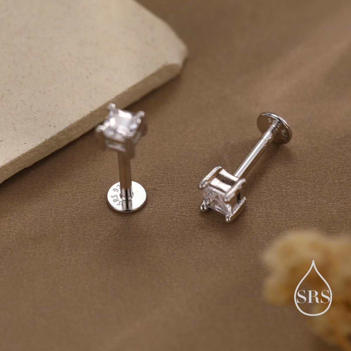 Tiny Square CZ 16G Internally Threaded Flat Back Earrings in Sterling Silver