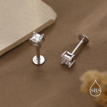 Tiny Square CZ 16G Internally Threaded Flat Back Earrings in Sterling Silver
