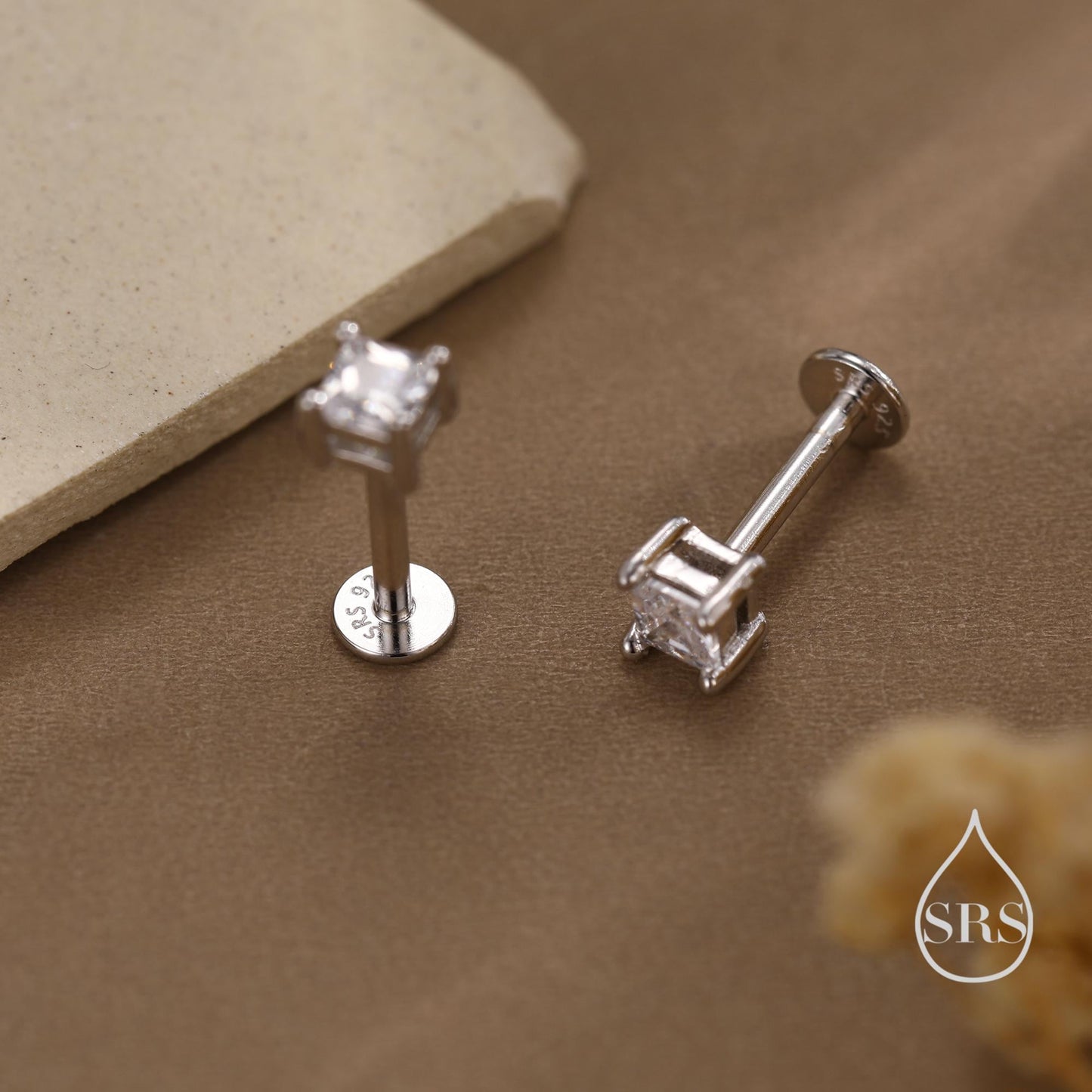 Tiny Square CZ Internally Threaded Flat Back / Screw Back / Stud Earrings in Sterling Silver, Silver or Gold or Rose Gold, Piercing