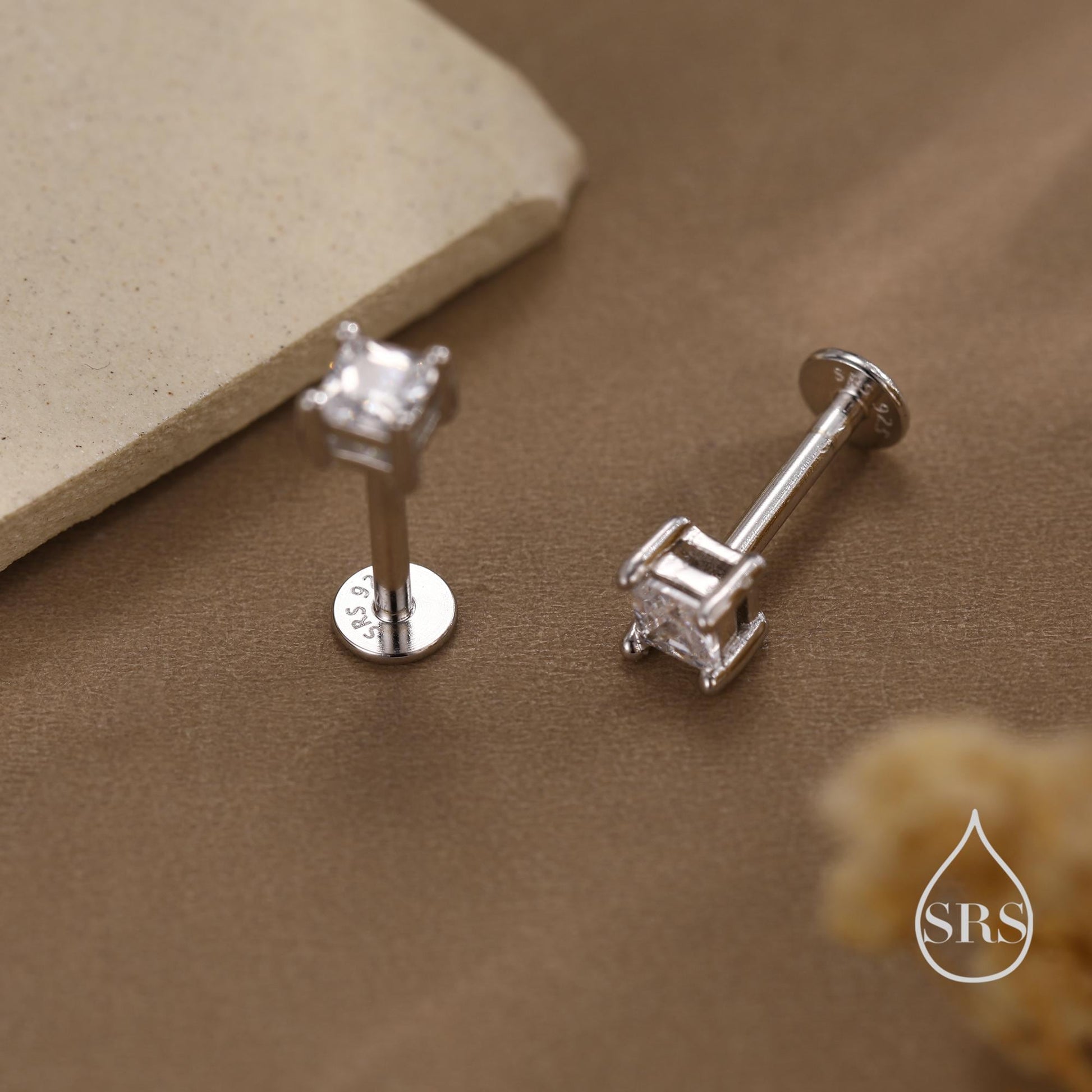 Tiny Square CZ Internally Threaded Flat Back / Screw Back / Stud Earrings in Sterling Silver, Silver or Gold or Rose Gold, Piercing