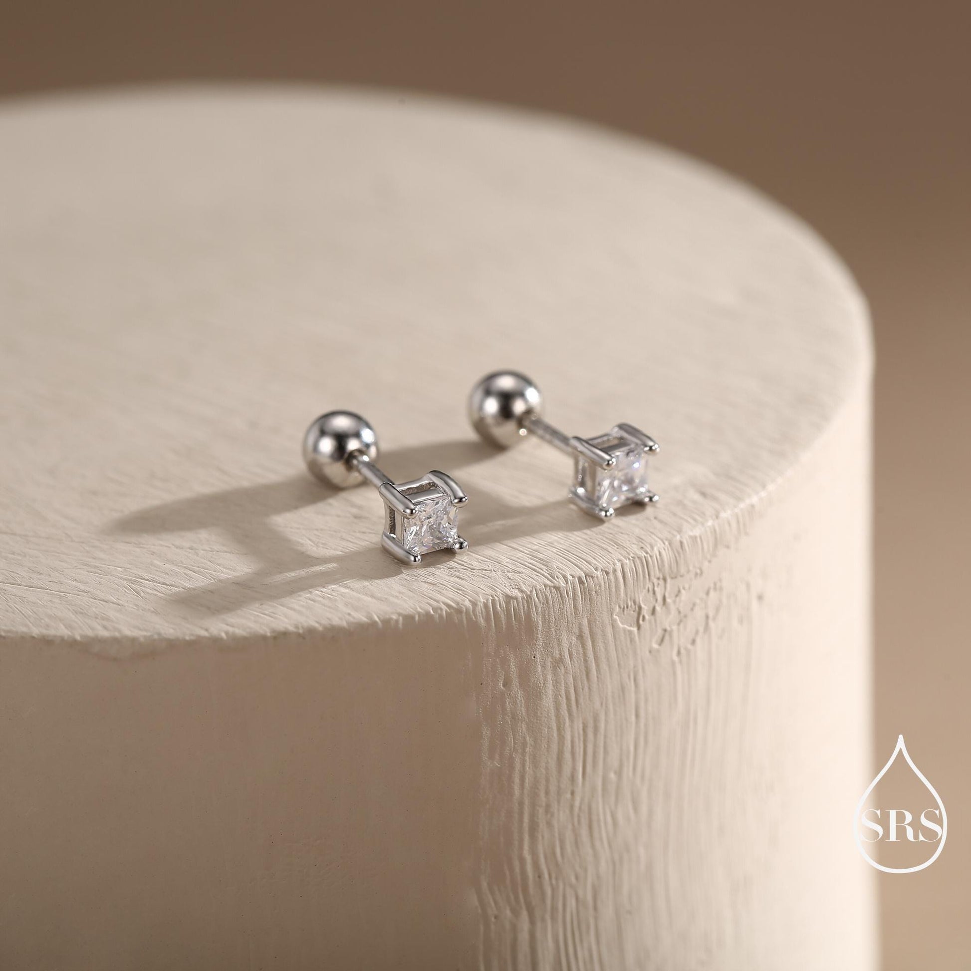 Tiny Square CZ Internally Threaded Flat Back / Screw Back / Stud Earrings in Sterling Silver, Silver or Gold or Rose Gold, Piercing
