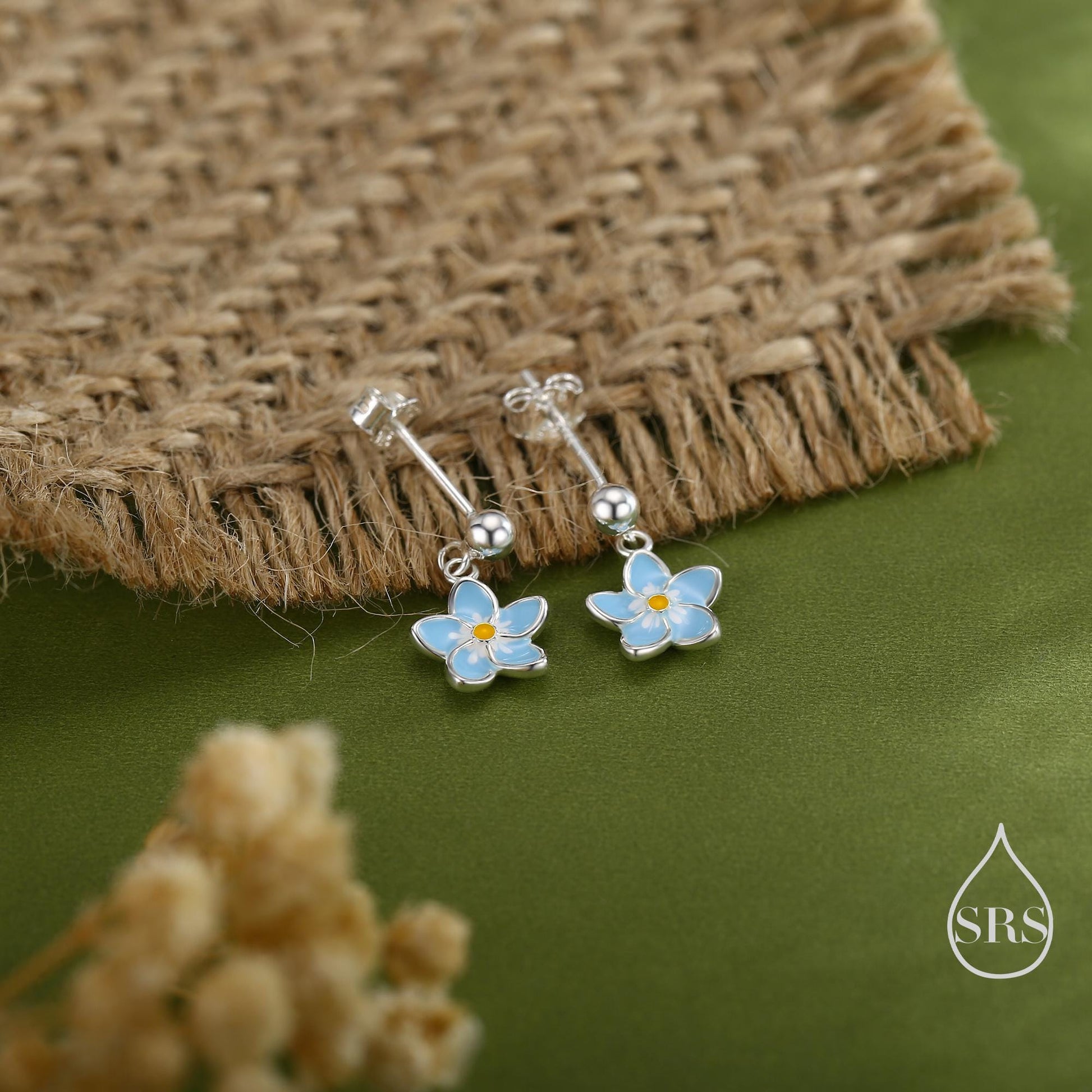 Dainty Forget-me-not Enamel Drop Stud Earrings in Sterling Silver, Flower Earrings, Blue Blossom Earrings, Forget me not earrings