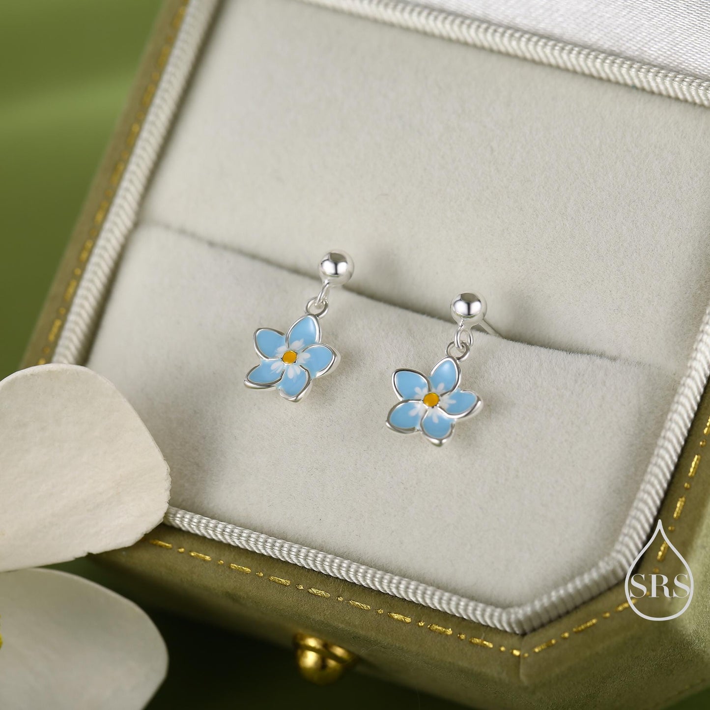 Dainty Forget-me-not Enamel Drop Stud Earrings in Sterling Silver, Flower Earrings, Blue Blossom Earrings, Forget me not earrings