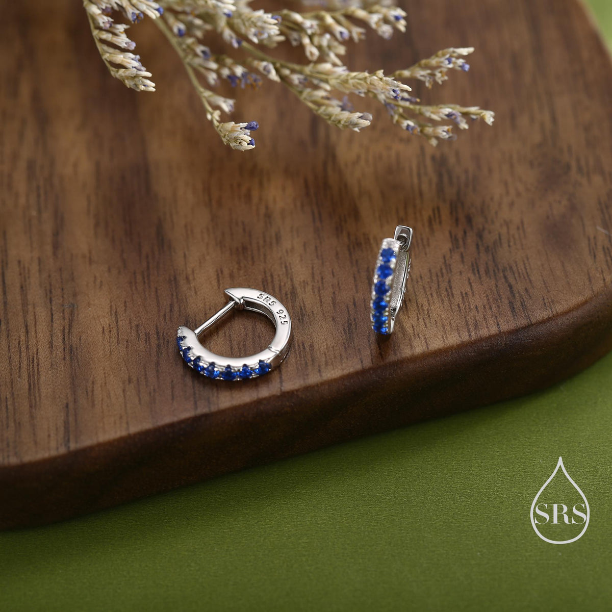 Sapphire Blue CZ Huggie Hoops in Sterling Silver, Silver or Gold, Minimalist Hoop Earrings, 8mm Hoops, Blue Hoops, September Birthstone
