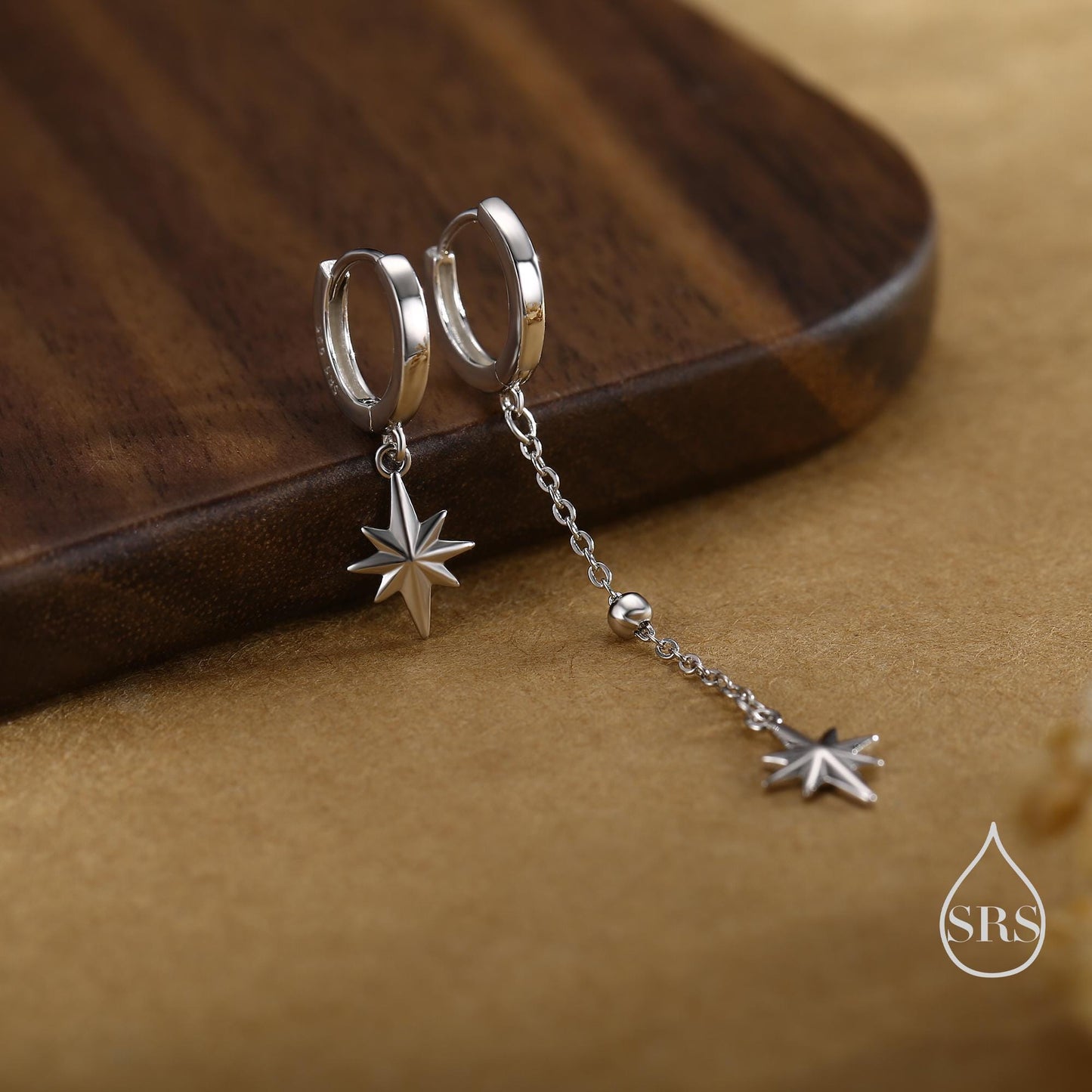 Asymmetric Starburst Huggie Hoop Earrings in Sterling Silver, Gold or Rose Gold, North Star Charm Earrings, Sunburst Earrings, Celestial