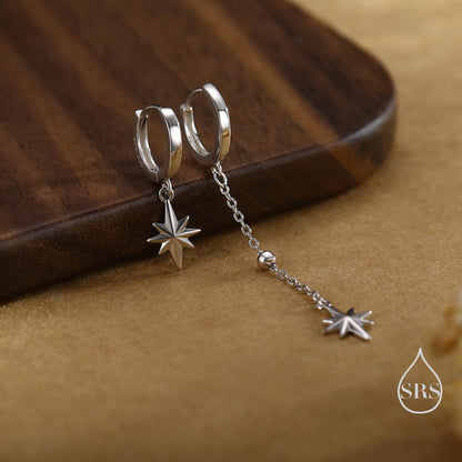 Asymmetric Starburst Huggie Hoop Earrings in Sterling Silver, Gold or Rose Gold, North Star Charm Earrings, Sunburst Earrings, Celestial