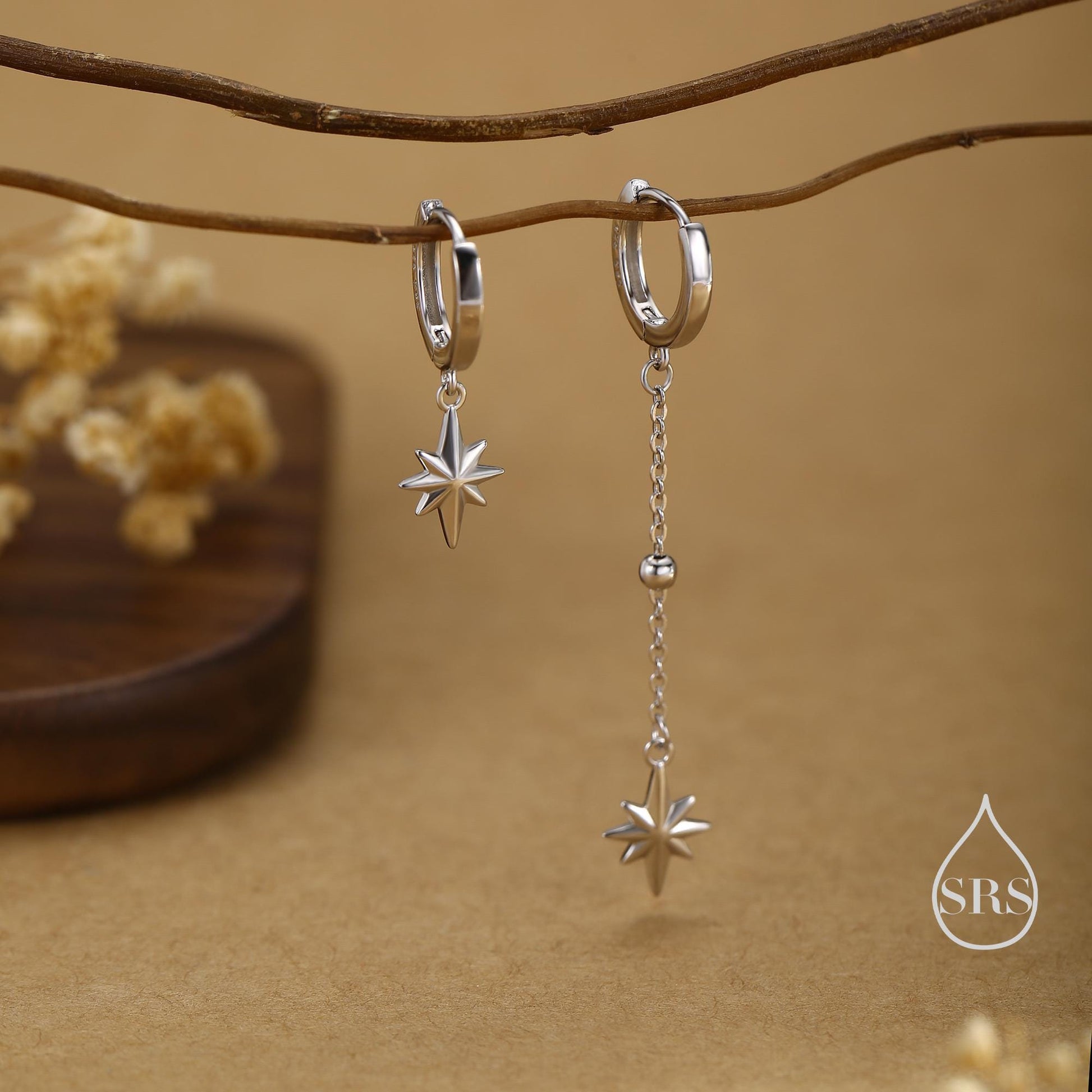 Asymmetric Starburst Huggie Hoop Earrings in Sterling Silver, Gold or Rose Gold, North Star Charm Earrings, Sunburst Earrings, Celestial