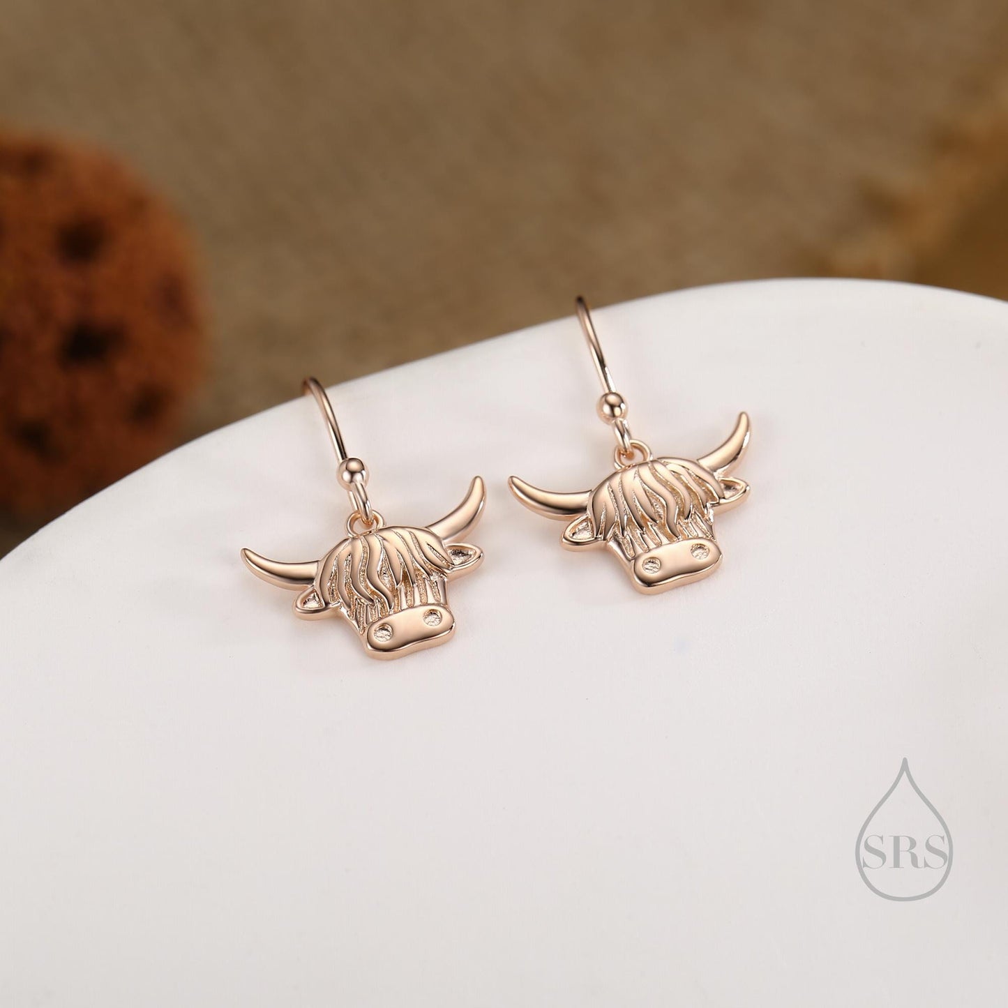 Highland Cow Drop Dangling Earrings in Sterling Silver, Oxidised Silver or Gold or Rose Gold, Highland Cow Hook Earrings, Scottish Jewellery