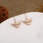 Highland Cow Drop Dangling Earrings in Sterling Silver, Oxidised Silver or Gold or Rose Gold, Highland Cow Hook Earrings, Scottish Jewellery