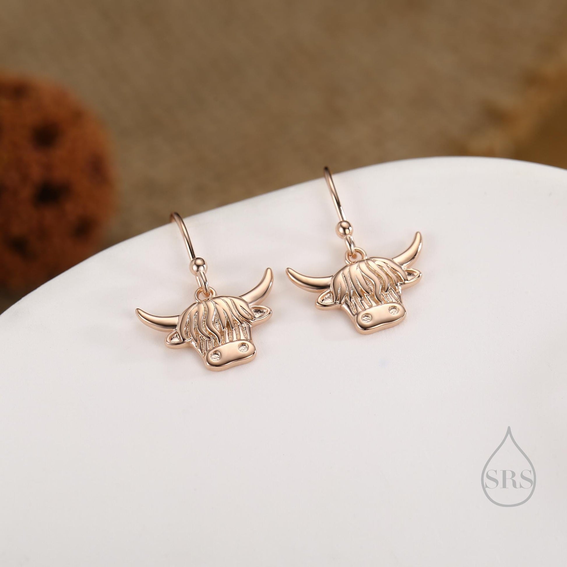 Highland Cow Drop Dangling Earrings in Sterling Silver, Oxidised Silver or Gold or Rose Gold, Highland Cow Hook Earrings, Scottish Jewellery