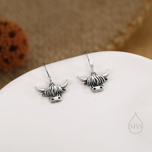 Highland Cow Drop Dangling Earrings in Sterling Silver, Oxidised Silver or Gold or Rose Gold, Highland Cow Hook Earrings, Scottish Jewellery