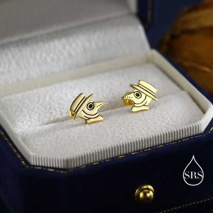 The Plague Doctor Stud Earrings in Sterling Silver, Silver Gold or Rose Gold, Fun and Quirky Gothic Inspired Jewellery