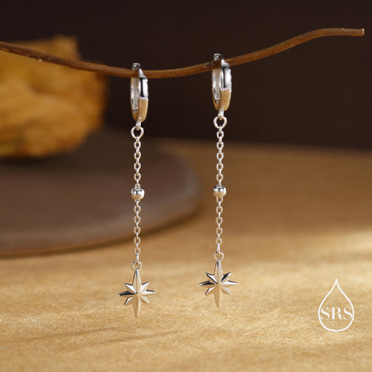 Dangling Starburst Huggie Hoop Earrings in Sterling Silver, Gold or Rose Gold, North Star Charm Earrings, Sunburst Earrings, Celestial