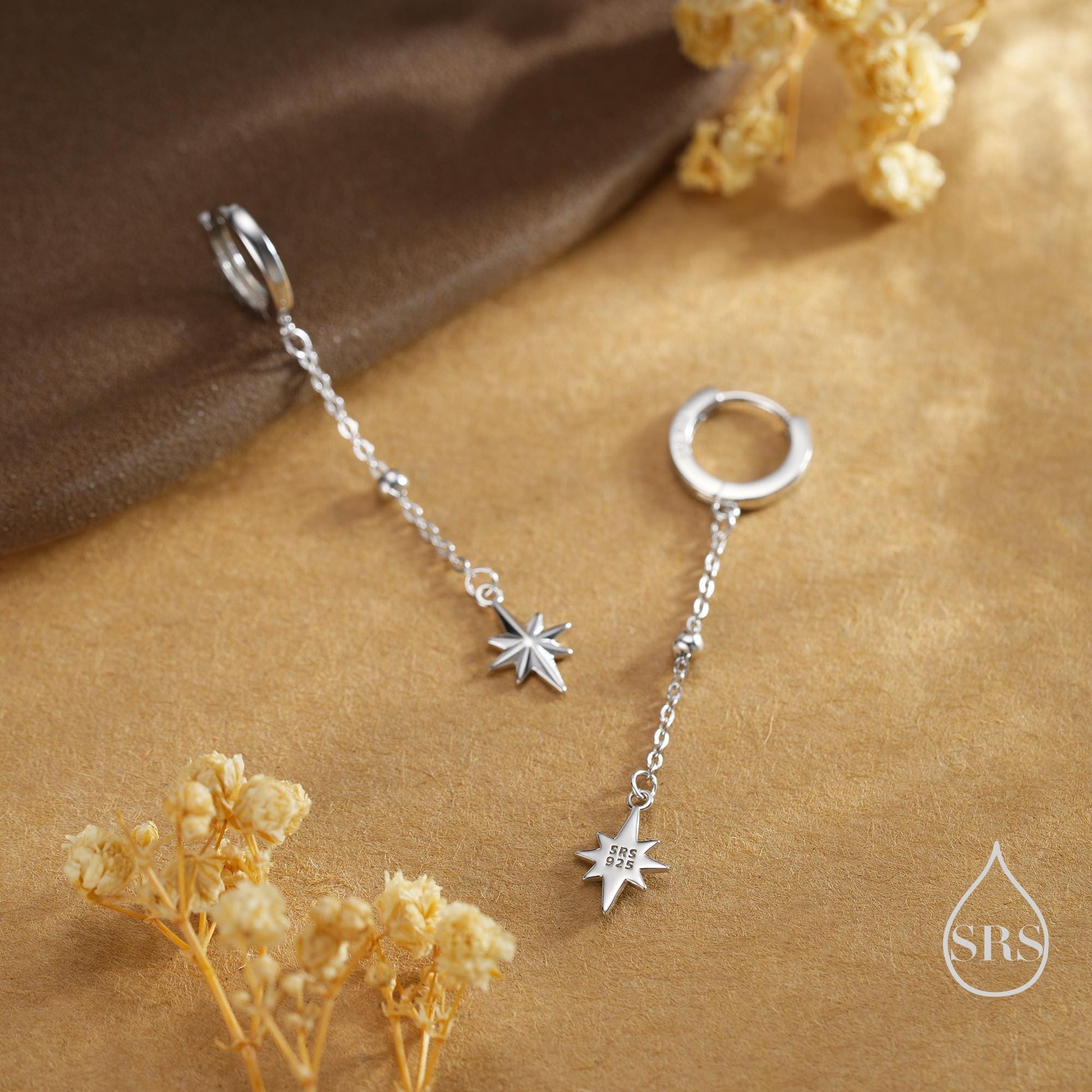 Dangling Starburst Huggie Hoop Earrings in Sterling Silver, Gold or Rose Gold, North Star Charm Earrings, Sunburst Earrings, Celestial