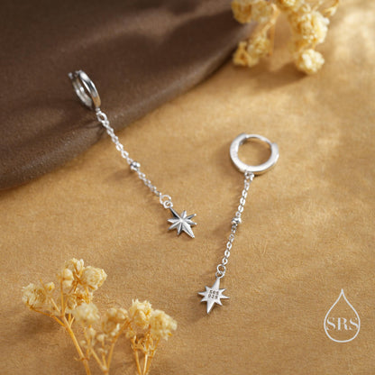 Dangling Starburst Huggie Hoop Earrings in Sterling Silver, Gold or Rose Gold, North Star Charm Earrings, Sunburst Earrings, Celestial