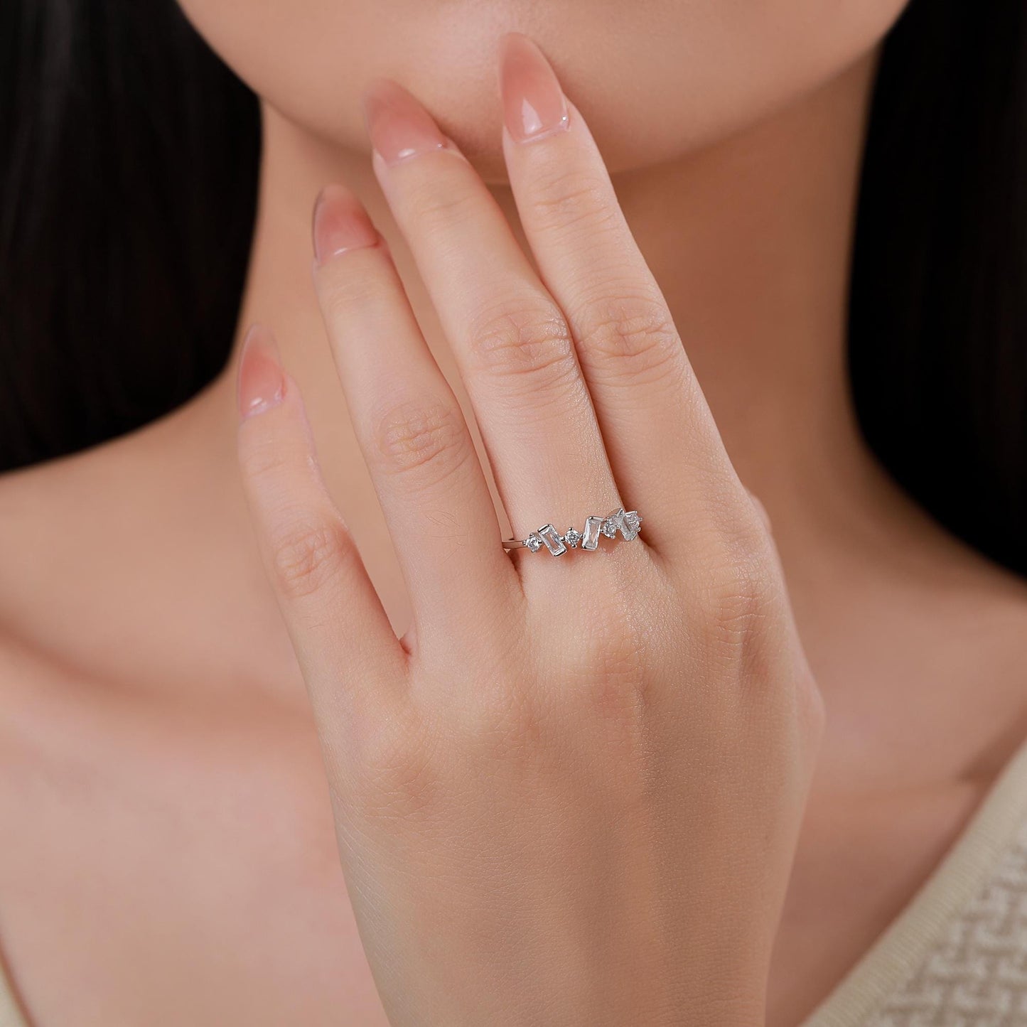 Baguette CZ Cluster Ring in Sterling Silver, Silver or Gold, Organic Shape CZ Ring, US 5 - 8