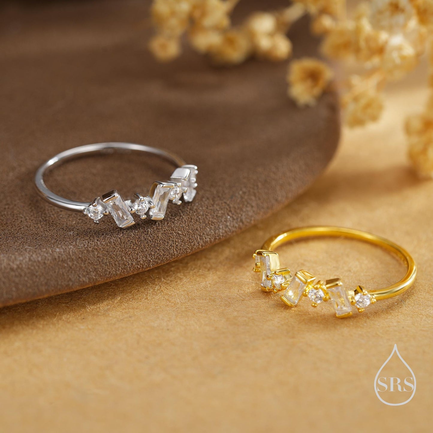 Baguette CZ Cluster Ring in Sterling Silver, Silver or Gold, Organic Shape CZ Ring, US 5 - 8