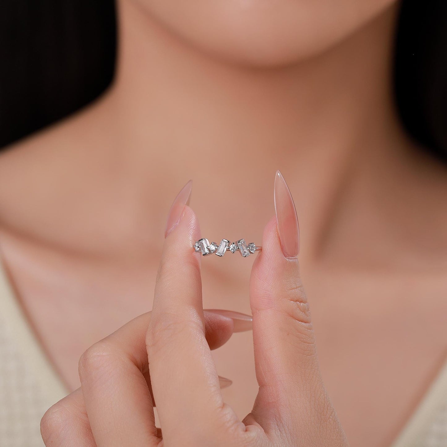 Baguette CZ Cluster Ring in Sterling Silver, Silver or Gold, Organic Shape CZ Ring, US 5 - 8