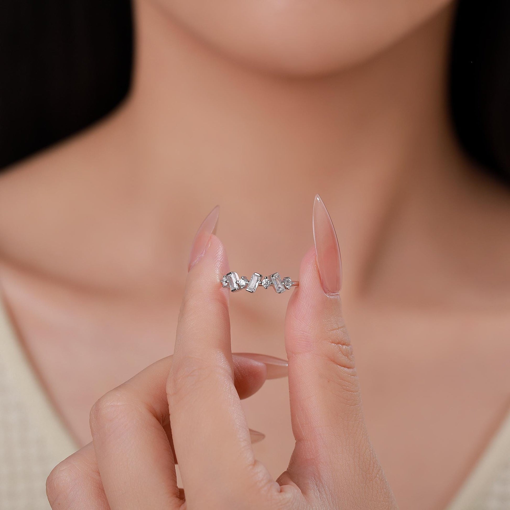 Baguette CZ Cluster Ring in Sterling Silver, Silver or Gold, Organic Shape CZ Ring, US 5 - 8