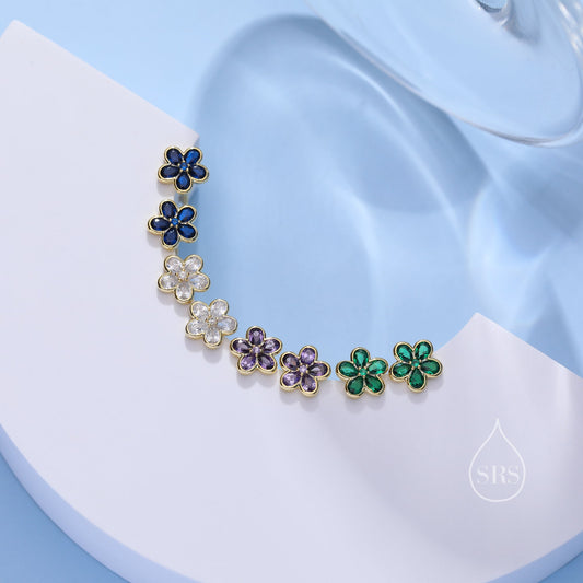 Flower CZ Stud Earrings in Sterling Silver, Forget Me Not Floral CZ Earrings, Silver or Gold, Flower CZ Earrings
