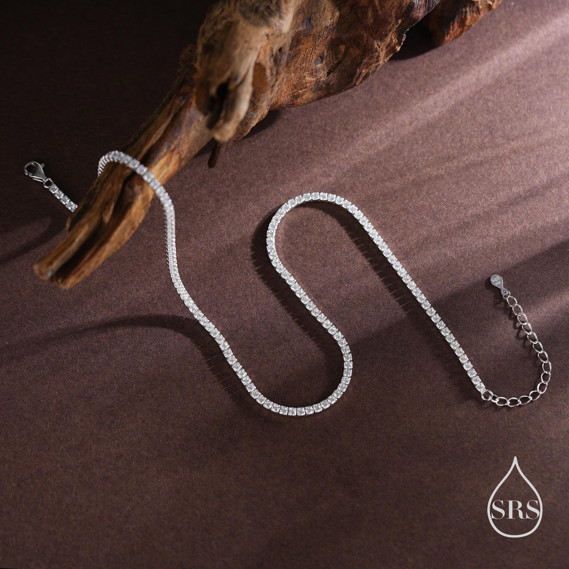 Sterling Silver 2mm CZ Tennis Necklace, Various Lengths, 35cm - 45cm, Silver Clear CZ Necklace, CZ Cluster Necklace, Minimalist Bracelet