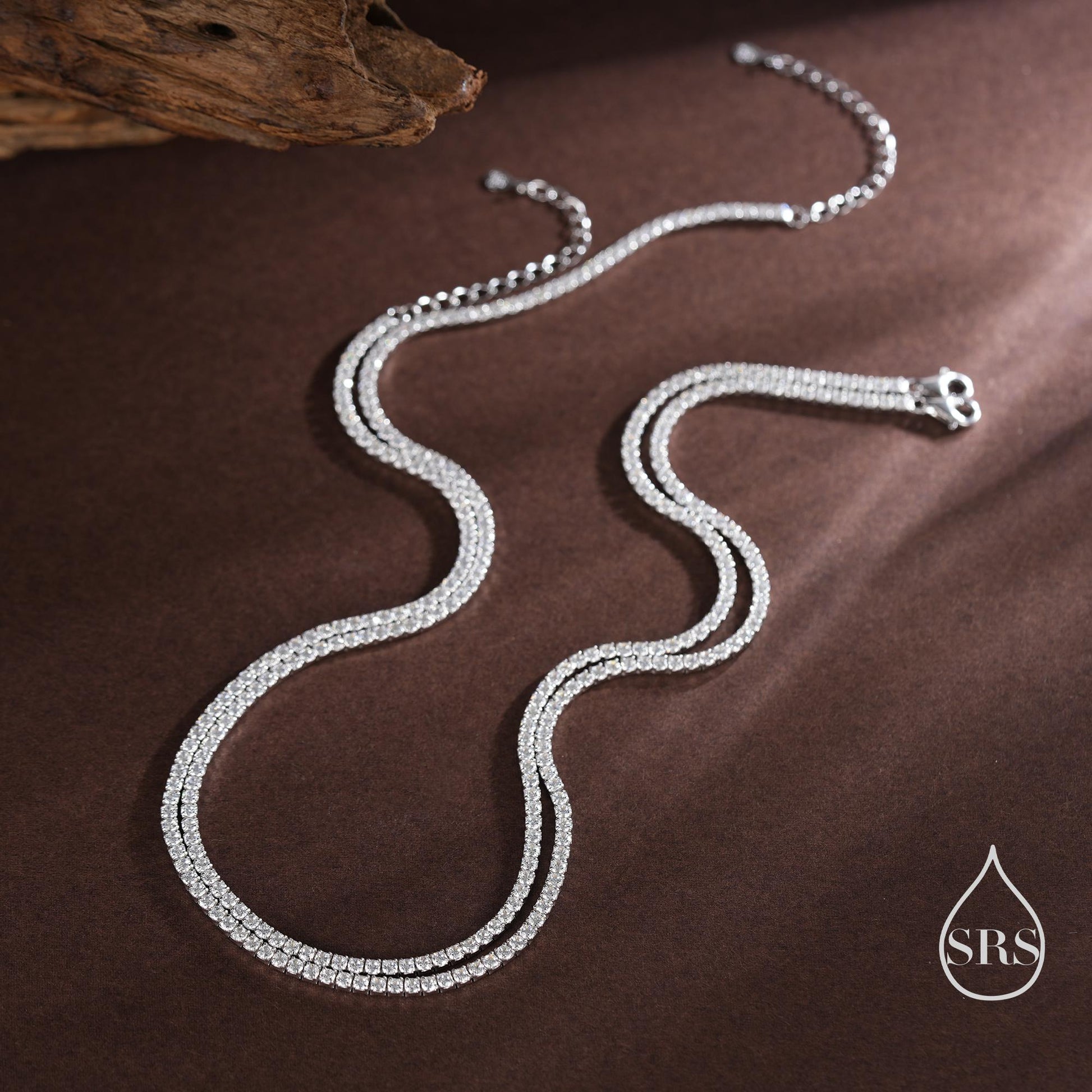 Sterling Silver 2mm CZ Tennis Necklace, Various Lengths, 35cm - 45cm, Silver Clear CZ Necklace, CZ Cluster Necklace, Minimalist Bracelet