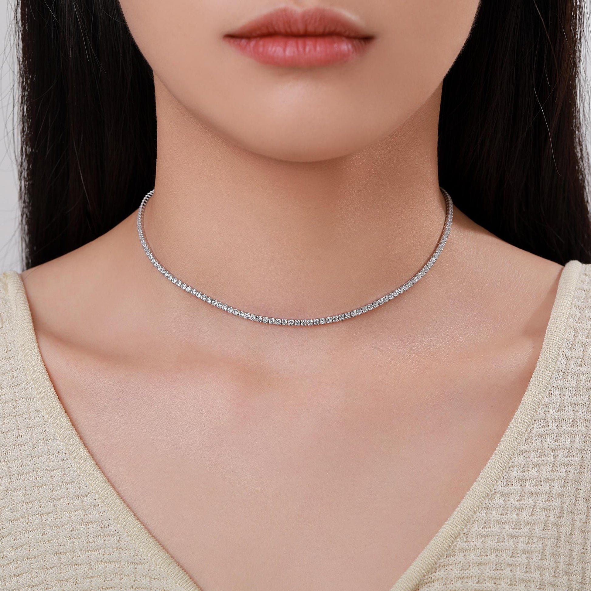 Sterling Silver 2mm CZ Tennis Necklace, Various Lengths, 35cm - 45cm, Silver Clear CZ Necklace, CZ Cluster Necklace, Minimalist Bracelet