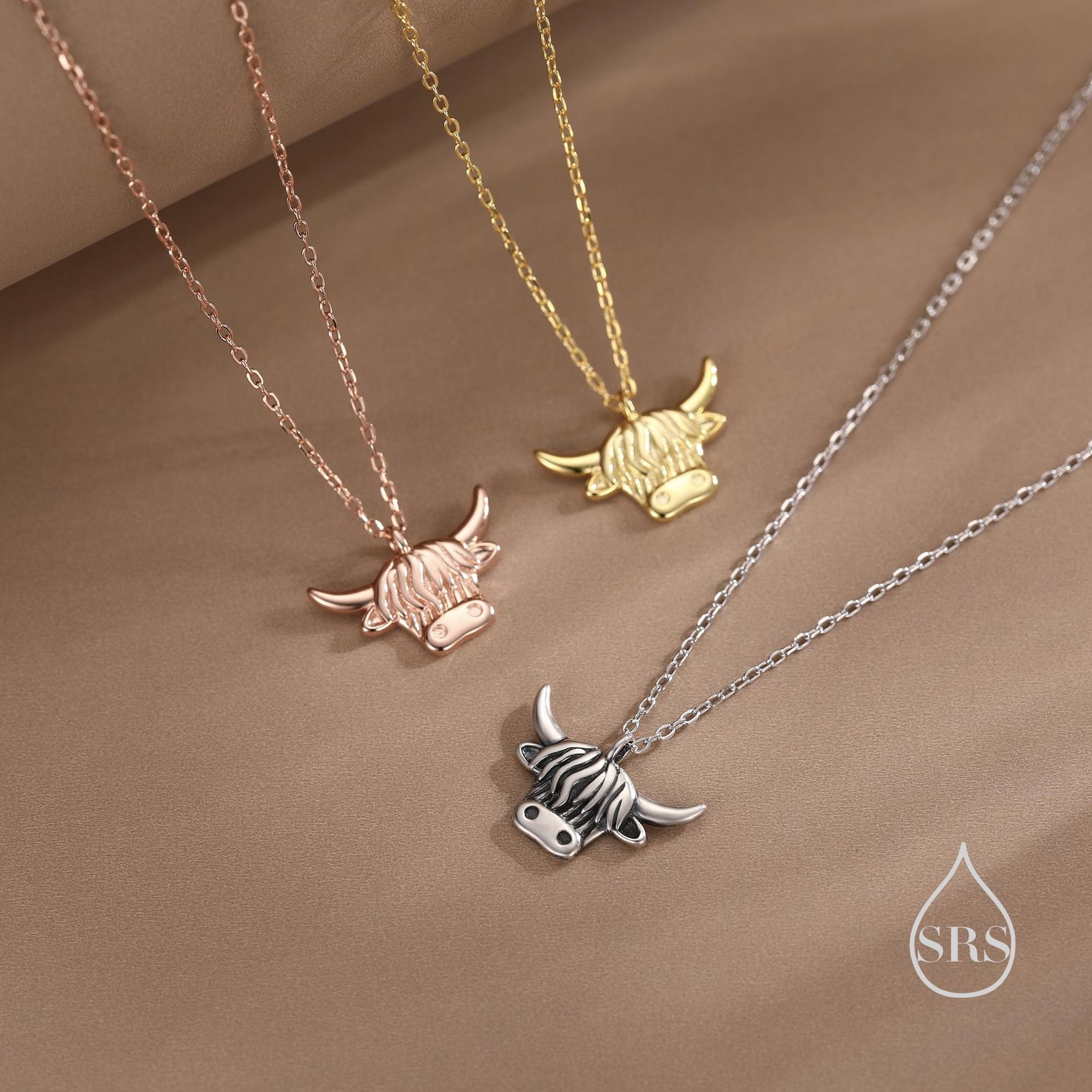 Oxidised Sterling Silver Highland Cow Pendant Necklace, Silver, Gold or Rose Gold Finish, Delicate Highland Cow Necklace, Scottish Jewellery
