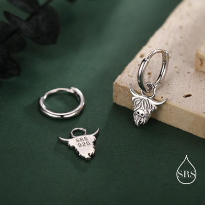 Sterling Silver Highland Cow Huggie Hoops, Finish Available in Silver or Gold or Rose Gold, Highland Cow Earrings, Detachable Hoops