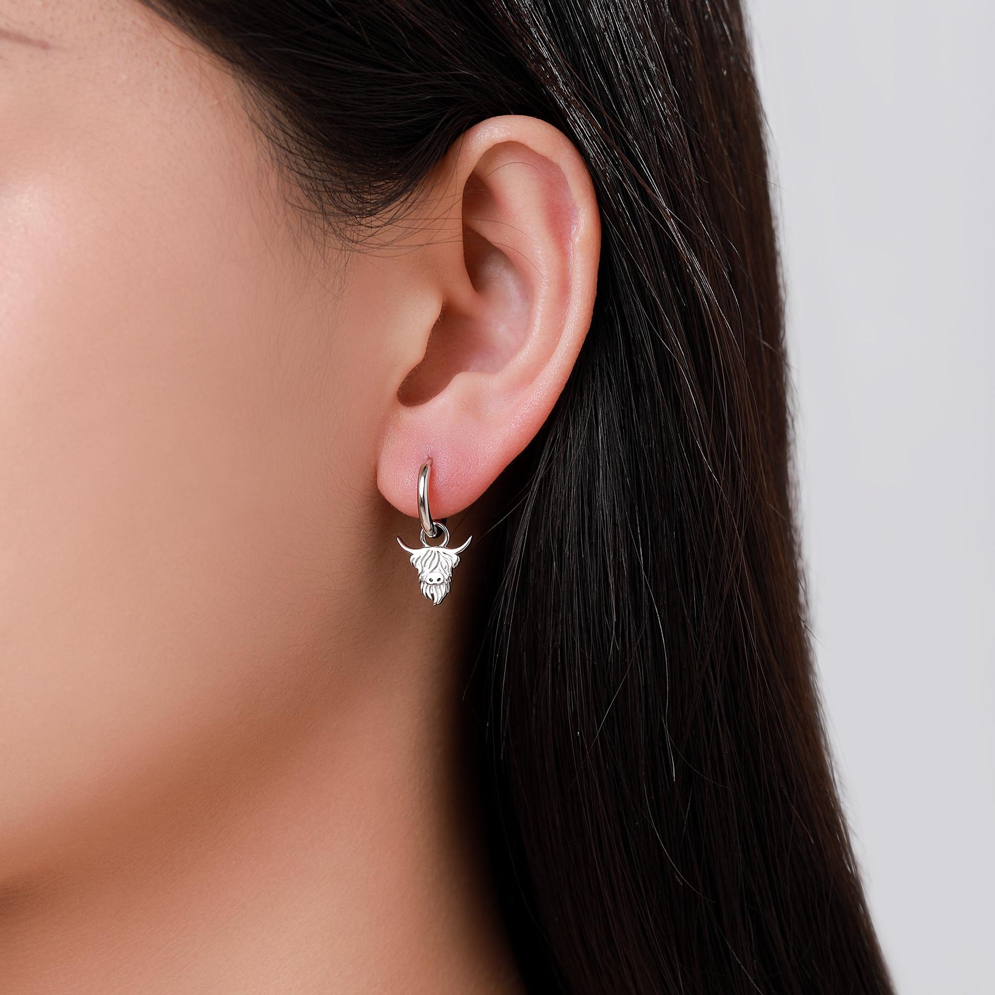 Sterling Silver Highland Cow Huggie Hoops, Finish Available in Silver or Gold or Rose Gold, Highland Cow Earrings, Detachable Hoops