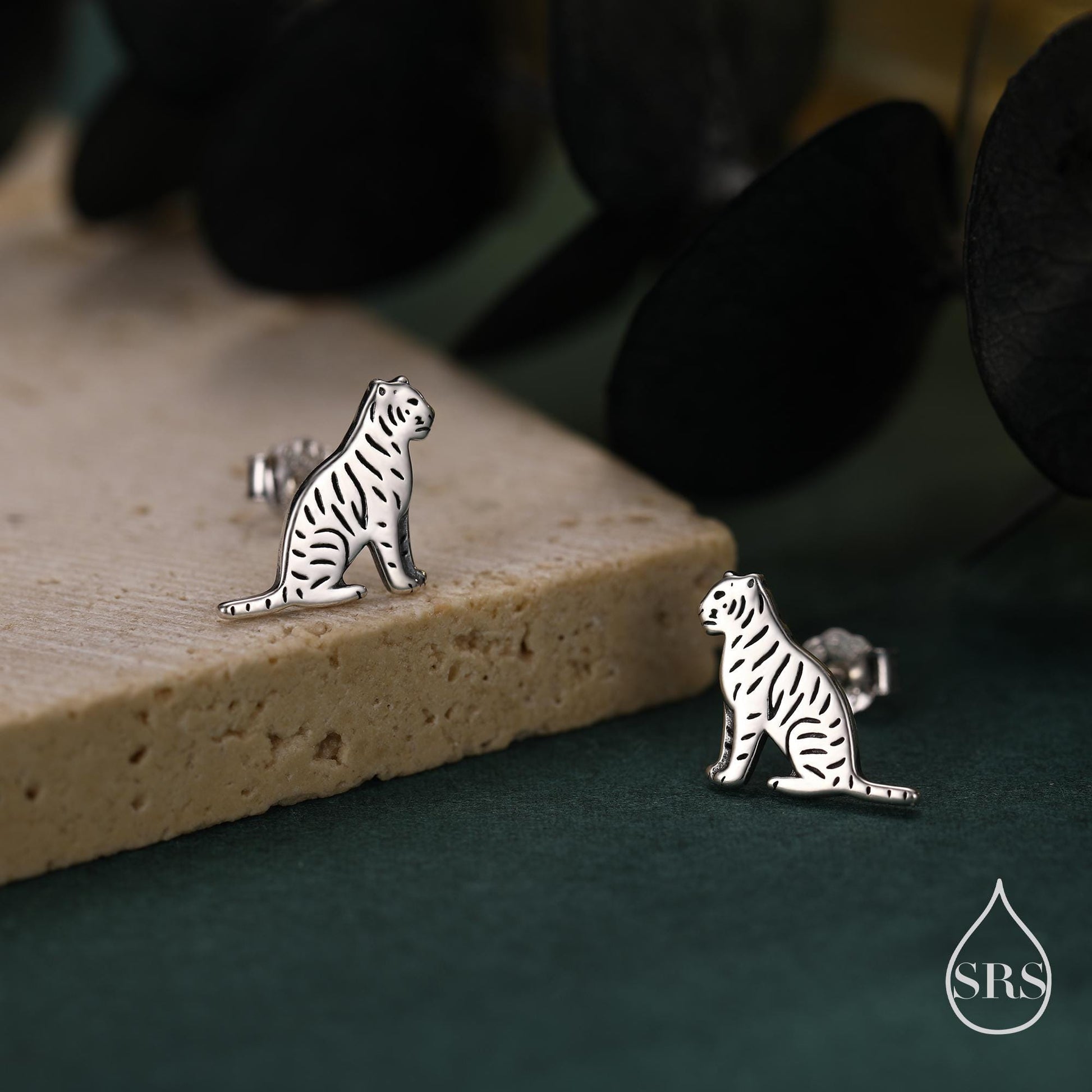 Tiger Stud Earrings in Sterling Silver, Silver Gold or Rose Gold, Nature Inspired Animal Earrings