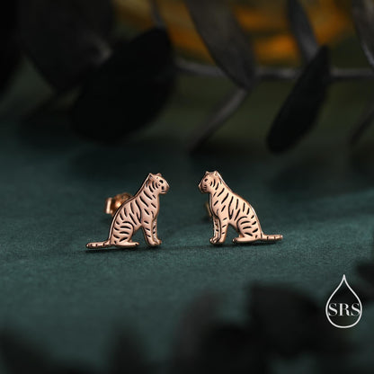 Tiger Stud Earrings in Sterling Silver, Silver Gold or Rose Gold, Nature Inspired Animal Earrings