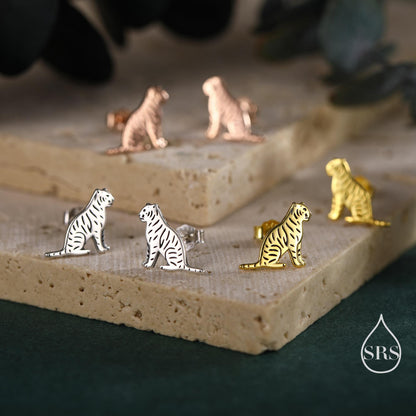 Tiger Stud Earrings in Sterling Silver, Silver Gold or Rose Gold, Nature Inspired Animal Earrings