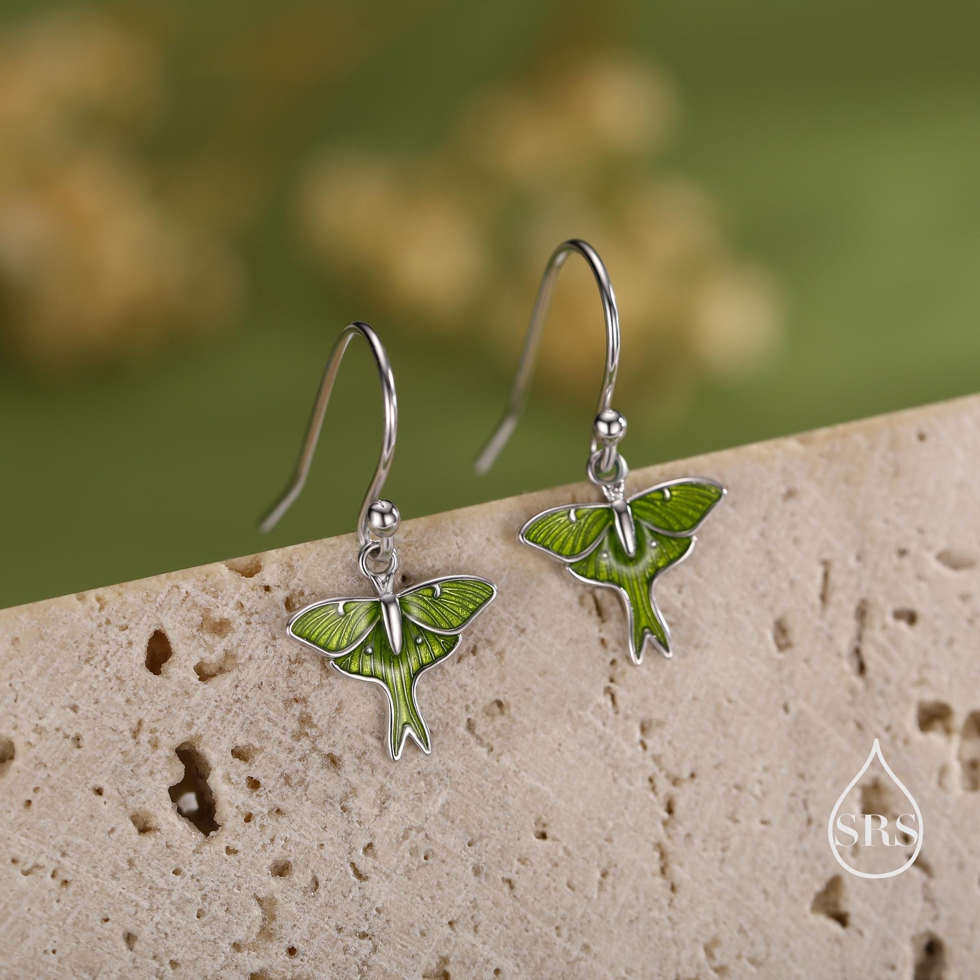Lunar Moth Enamel Drop Hook Earrings in Sterling Silver, Green Enamel Butterfly Earrings, Insect Earrings, Nature-Inspired Animal Earrings