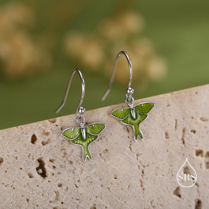 Lunar Moth Enamel Drop Hook Earrings in Sterling Silver, Green Enamel Butterfly Earrings, Insect Earrings, Nature-Inspired Animal Earrings