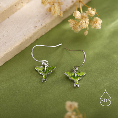 Lunar Moth Enamel Drop Hook Earrings in Sterling Silver, Green Enamel Butterfly Earrings, Insect Earrings, Nature-Inspired Animal Earrings