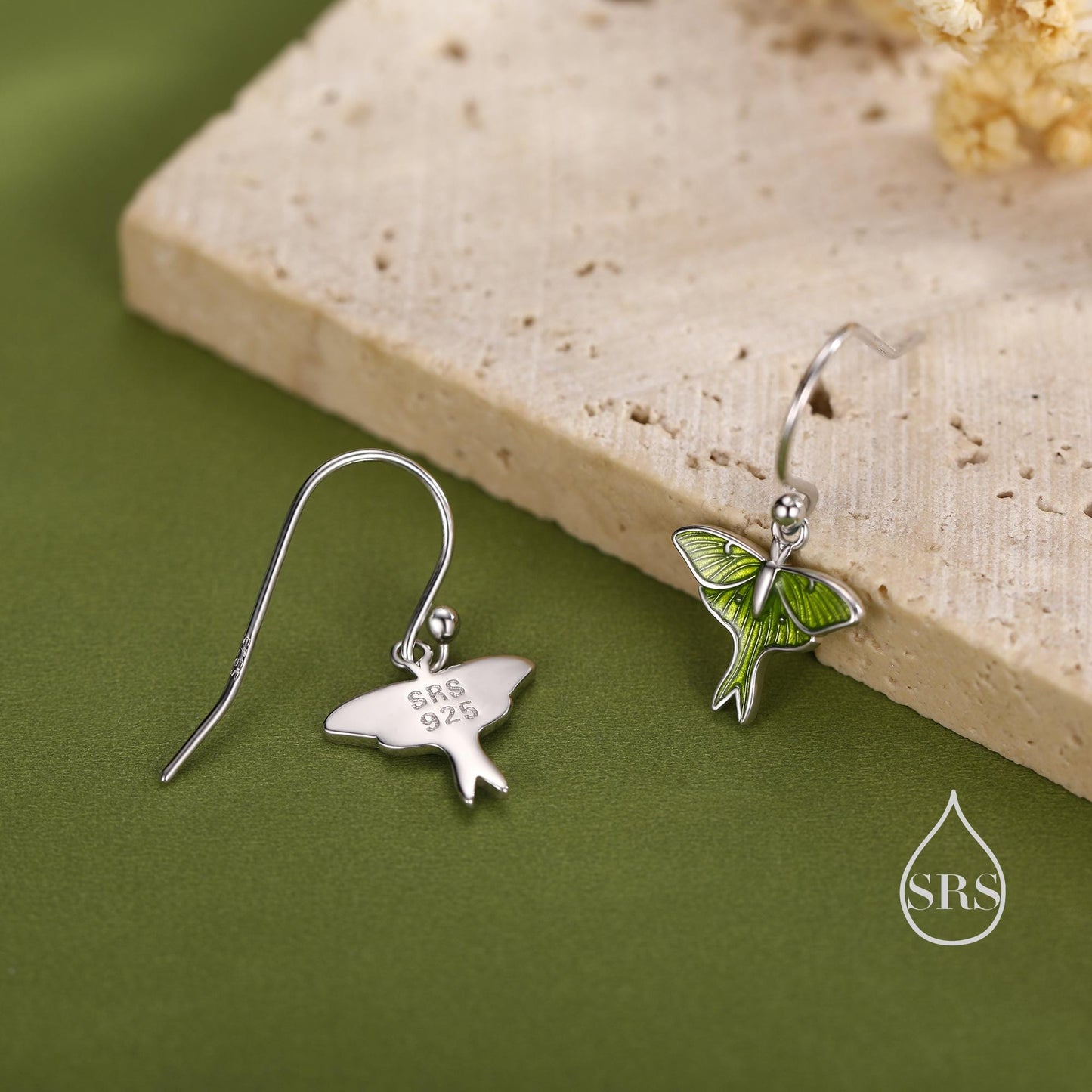 Lunar Moth Enamel Drop Hook Earrings in Sterling Silver, Green Enamel Butterfly Earrings, Insect Earrings, Nature-Inspired Animal Earrings