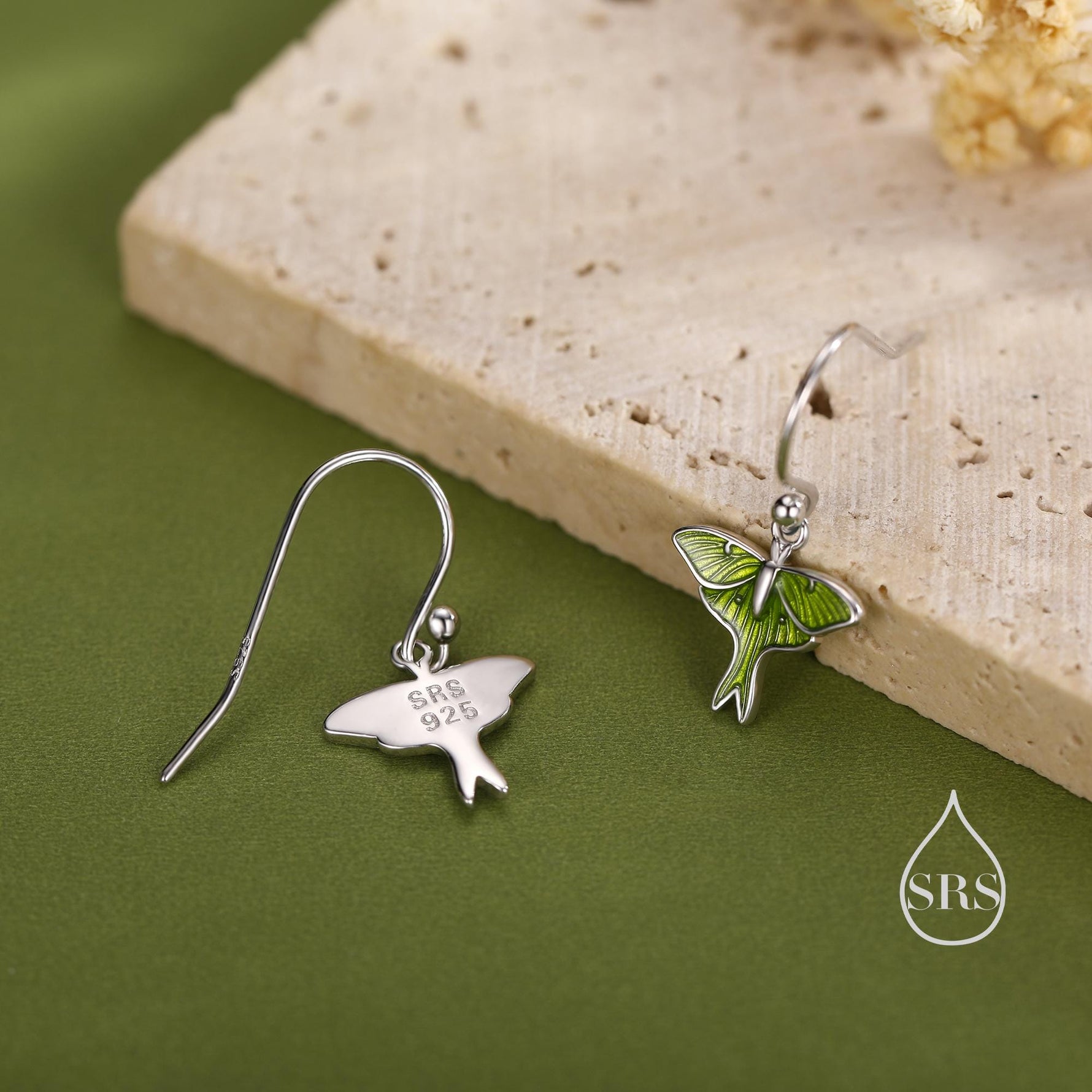 Lunar Moth Enamel Drop Hook Earrings in Sterling Silver, Green Enamel Butterfly Earrings, Insect Earrings, Nature-Inspired Animal Earrings